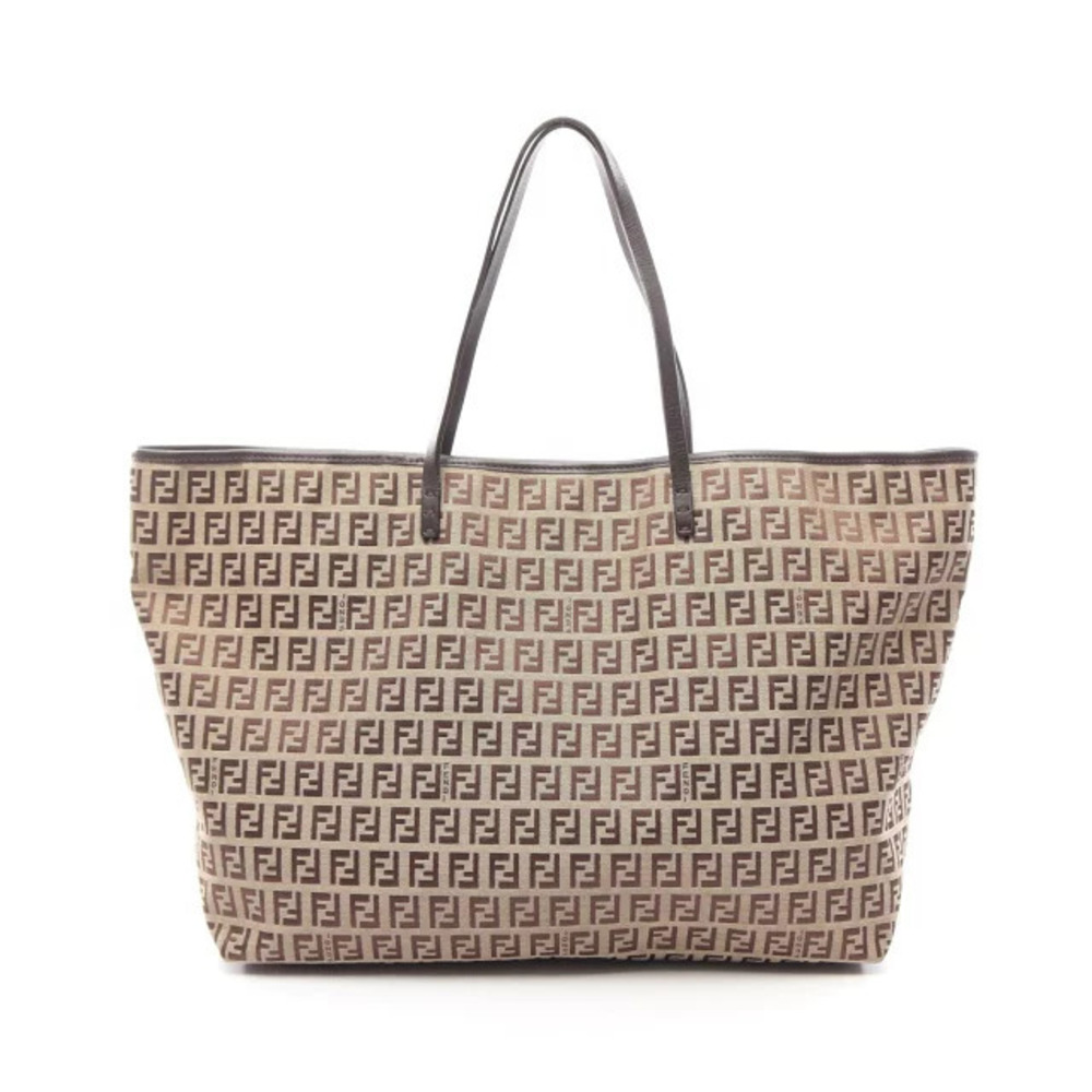 Fendi Zucchino Tote Bag Canvas Leather Beige Cream Brown